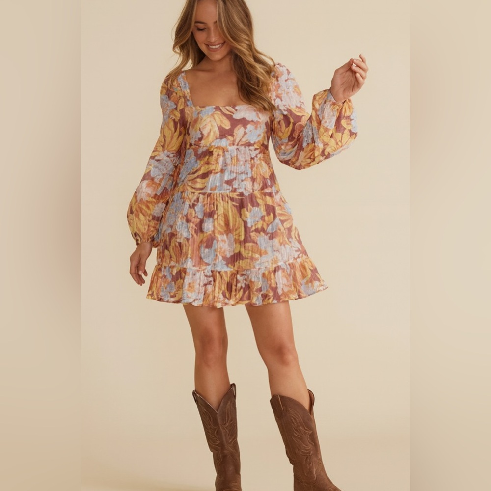 MINKPINK Floral Boho Babydoll Dress Women’s Large | Tiered Smocked Mini Garden